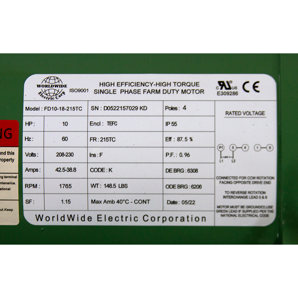 10 HP 230 Volt AC 1765 RPM  WWE FD10-18-215TC Farm Duty Motor [501567]