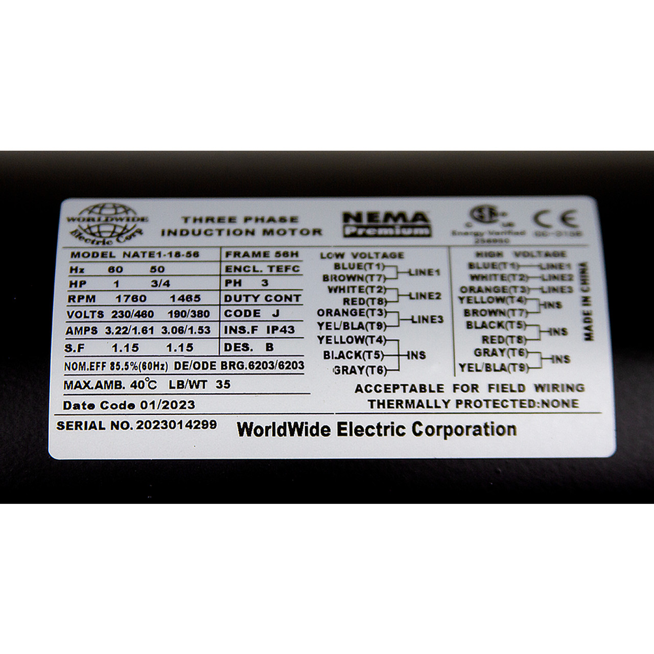 1 HP 230/460 Volt AC 1760 RPM 3PH WWE NATE1-18-56 Motor [501529]