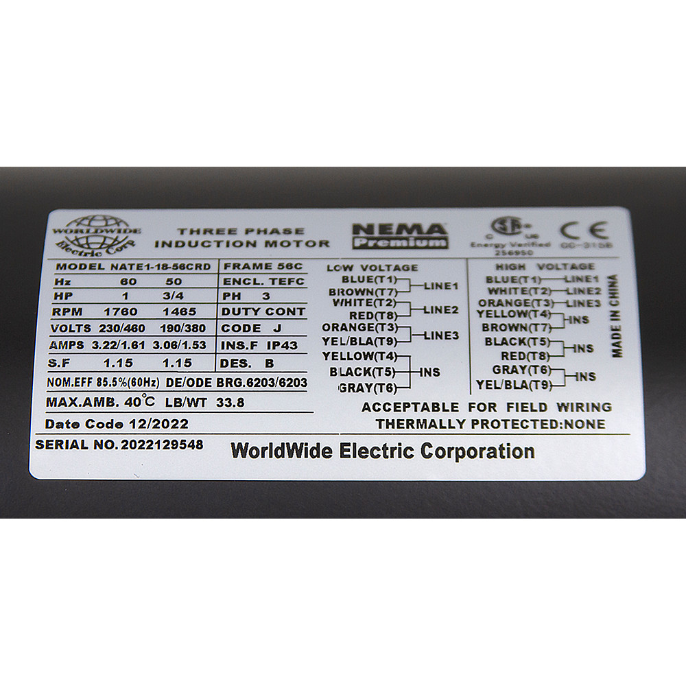 1 HP 230/460 Volt AC  1760 RPM 3PH WWE NATE1-18-56CRD Motor [501531]