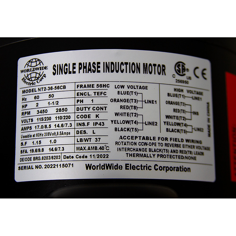 2 HP 115/230 Volt AC 3450 RPM  WWE NT2-36-56CB Motor [501550]
