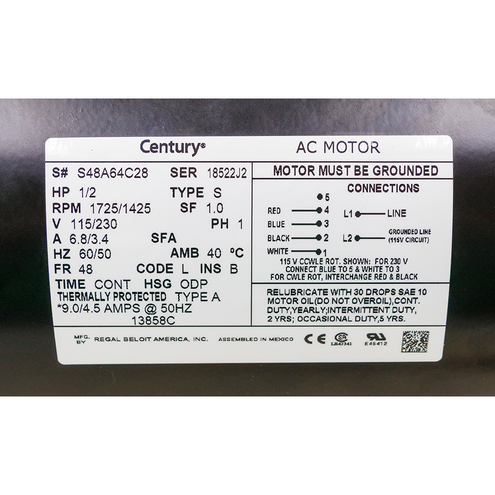 1/2 HP 115/230 Volt AC 1725/1425 RPM Century S48A64C28 Motor [501607]