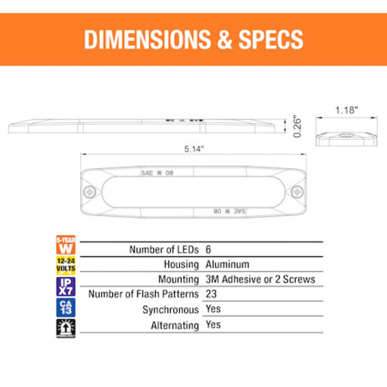 12-24 Volt DC Amber Ultra Thin 5" LED Strobe Light Buyers Products 8892200 [501623]
