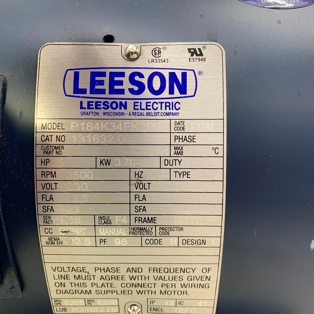 5 HP 3600 RPM 230 Volt AC 184TC Leeson Motor 131632.00 - Missing Parts [BB10-2887]