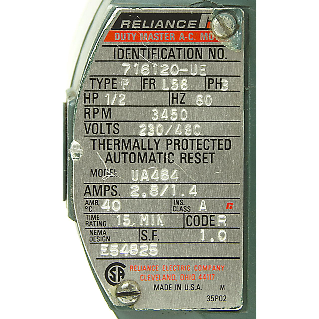 1/2 HP 3450 RPM 230/460 Volt AC 3-Phase Tang Drive Motor Reliance 716120-UE [500374]