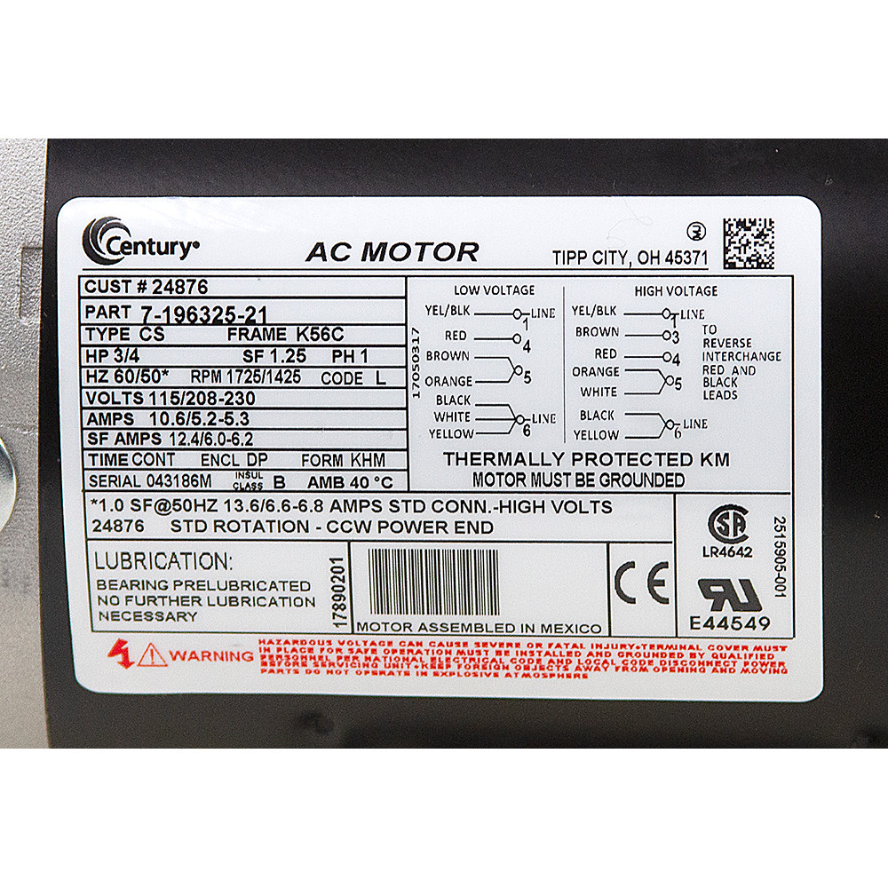 3/4 HP 1725 RPM 115/208-230 Volt AC CENTURY 7-196325-21 Motor [BB10-3400]