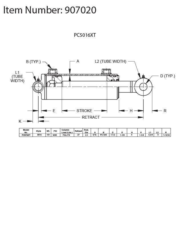 5x16x2.5 Double Acting Hydraulic Cylinder Prince Mfg. PC5016XT [907020]