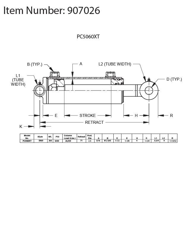 5x60x2.5 Double Acting Hydraulic Cylinder Prince Mfg. PC5060XT [907026]