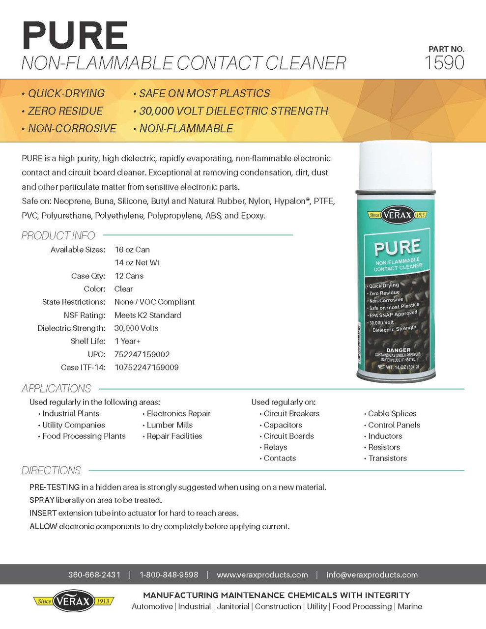 Pure Non-Flammable Contact Cleaner Verax Chemical Company 1590