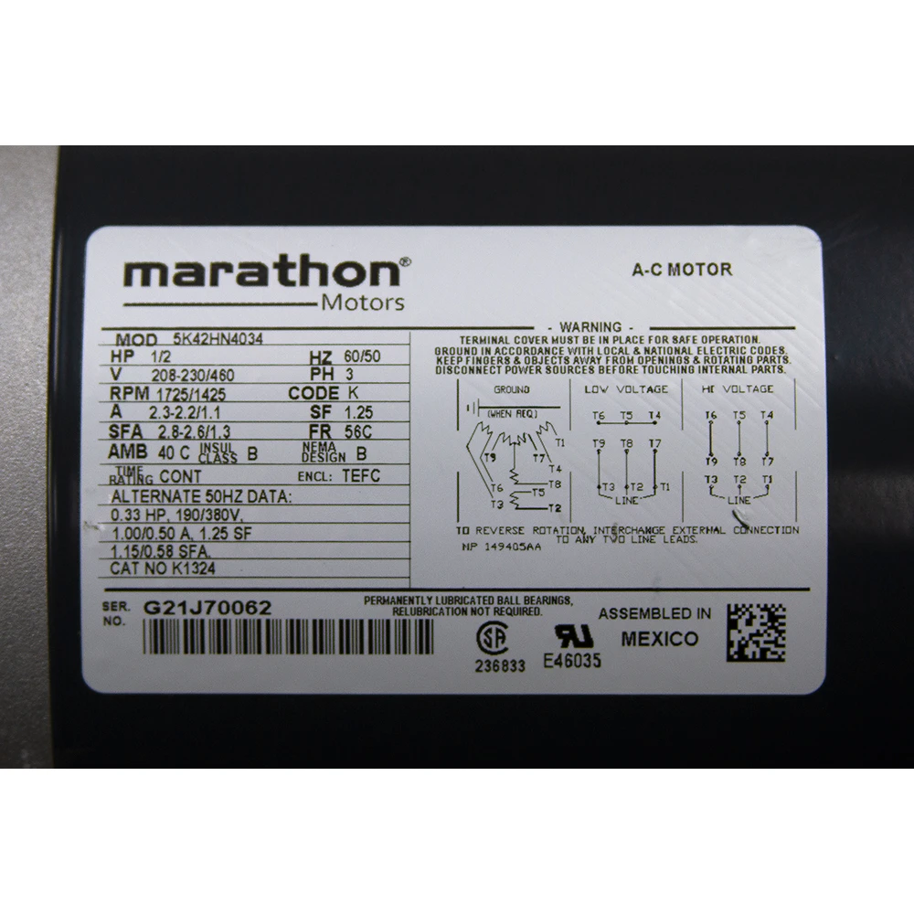 1/2 HP 1725 RPM 208-230/460 Volt AC 3Ph 56C Marathon Electric Motor 5K42HN4034