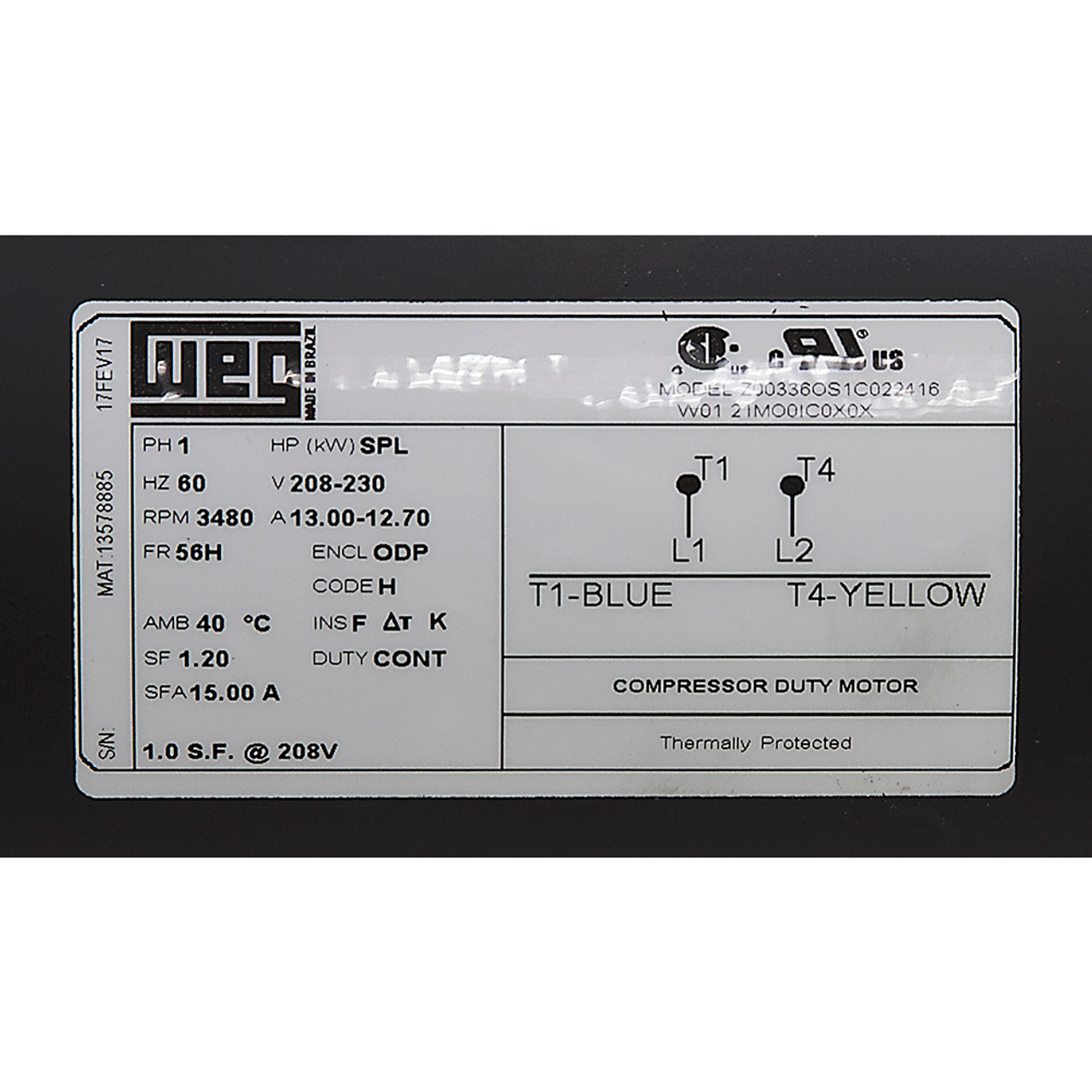 3 HP Special Duty 230 Volt AC 3420 RPM Air Compressor Motor WEG 3HP02P56H208230V60 [500745]