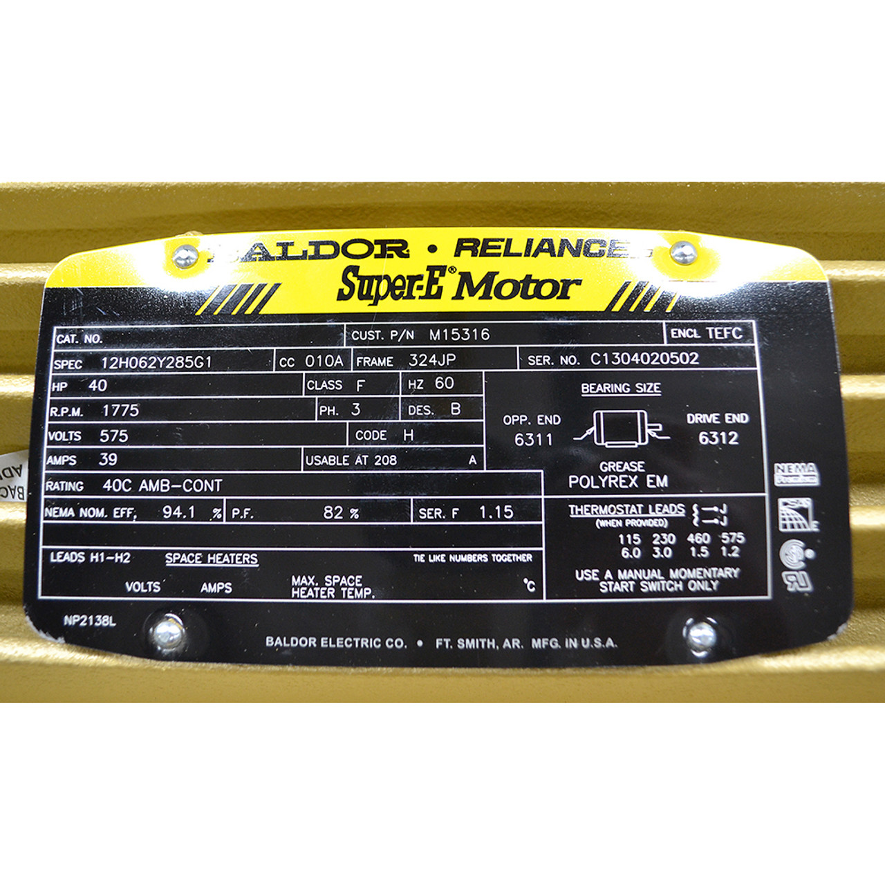 40 HP 1775 RPM 575 Volt AC 3Ph Baldor Motor M15316 [501382]