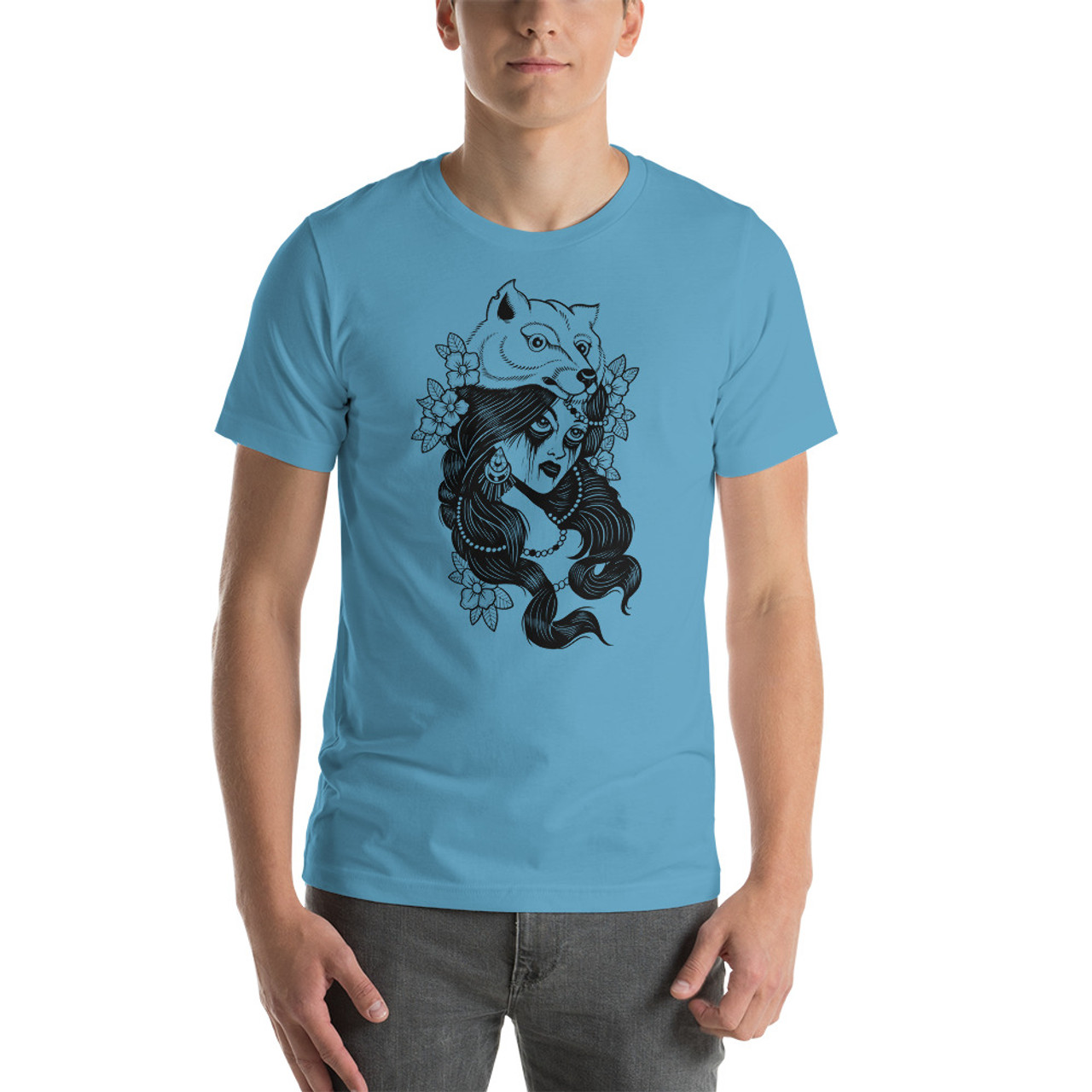 Ocean Blue T-Shirt - Bella + Canvas 3001 Evil Native Girl