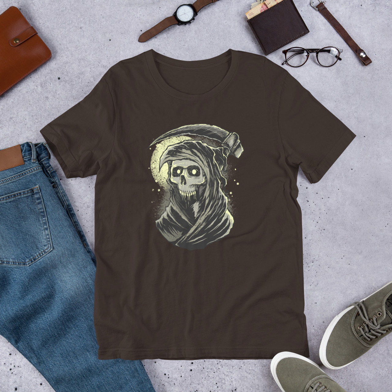 Brown T-Shirt - Bella + Canvas 3001 Grim Reaper