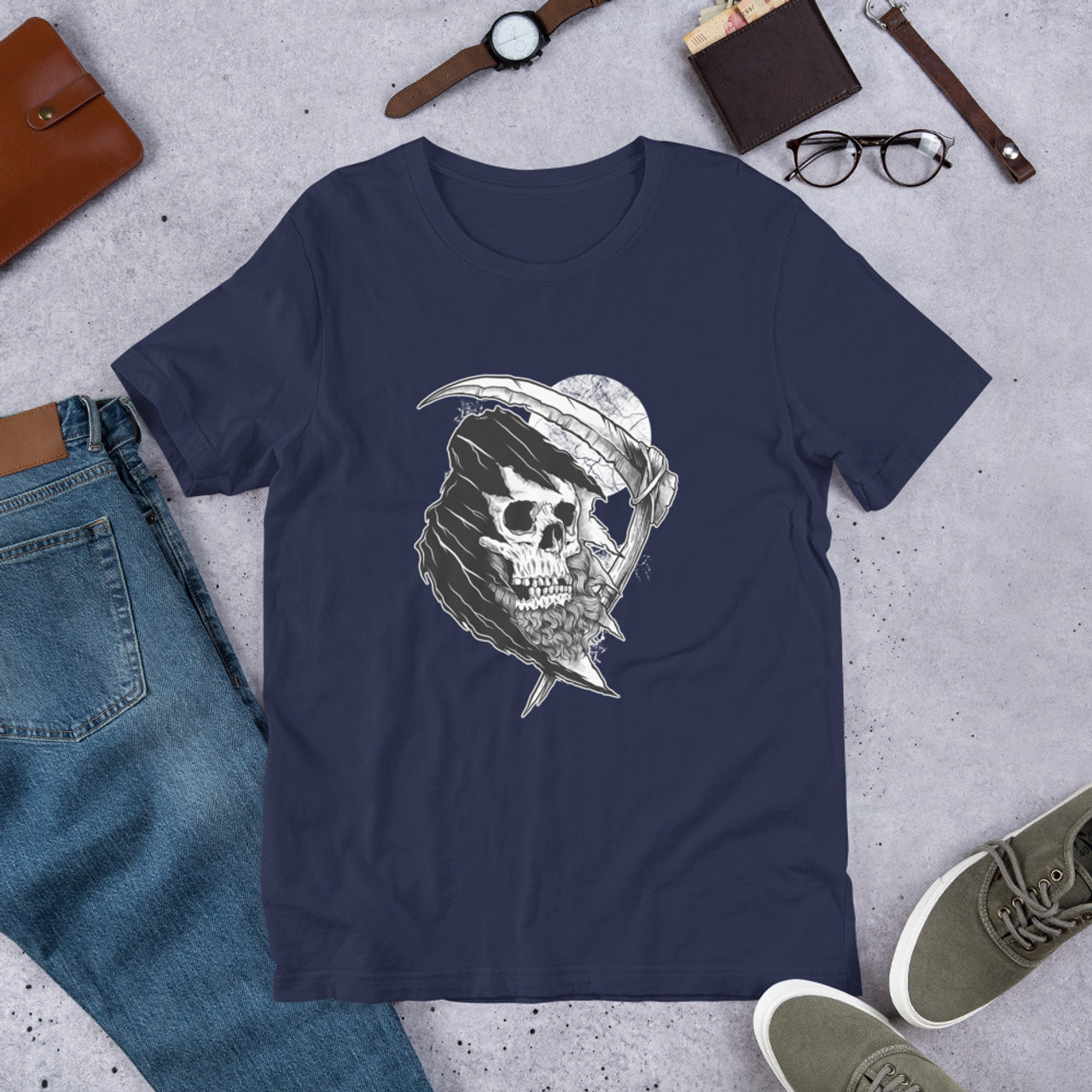 Navy T-Shirt - Bella + Canvas 3001 The Bearded Reaper