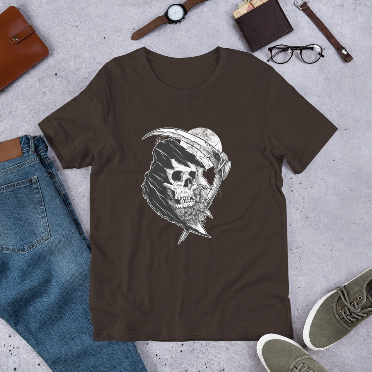 Brown T-Shirt - Bella + Canvas 3001 The Bearded Reaper