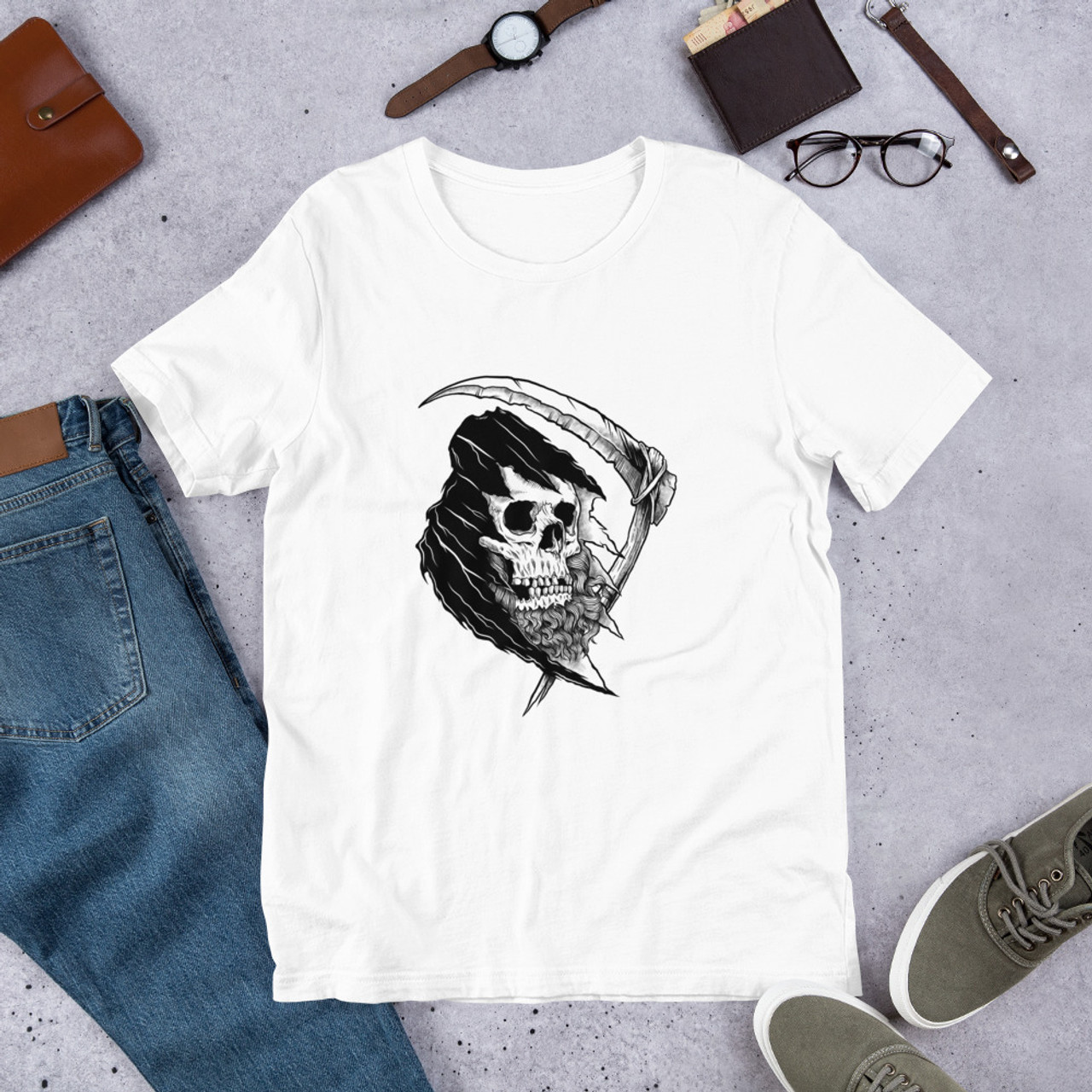 White T-Shirt - Bella + Canvas 3001 The Bearded Reaper