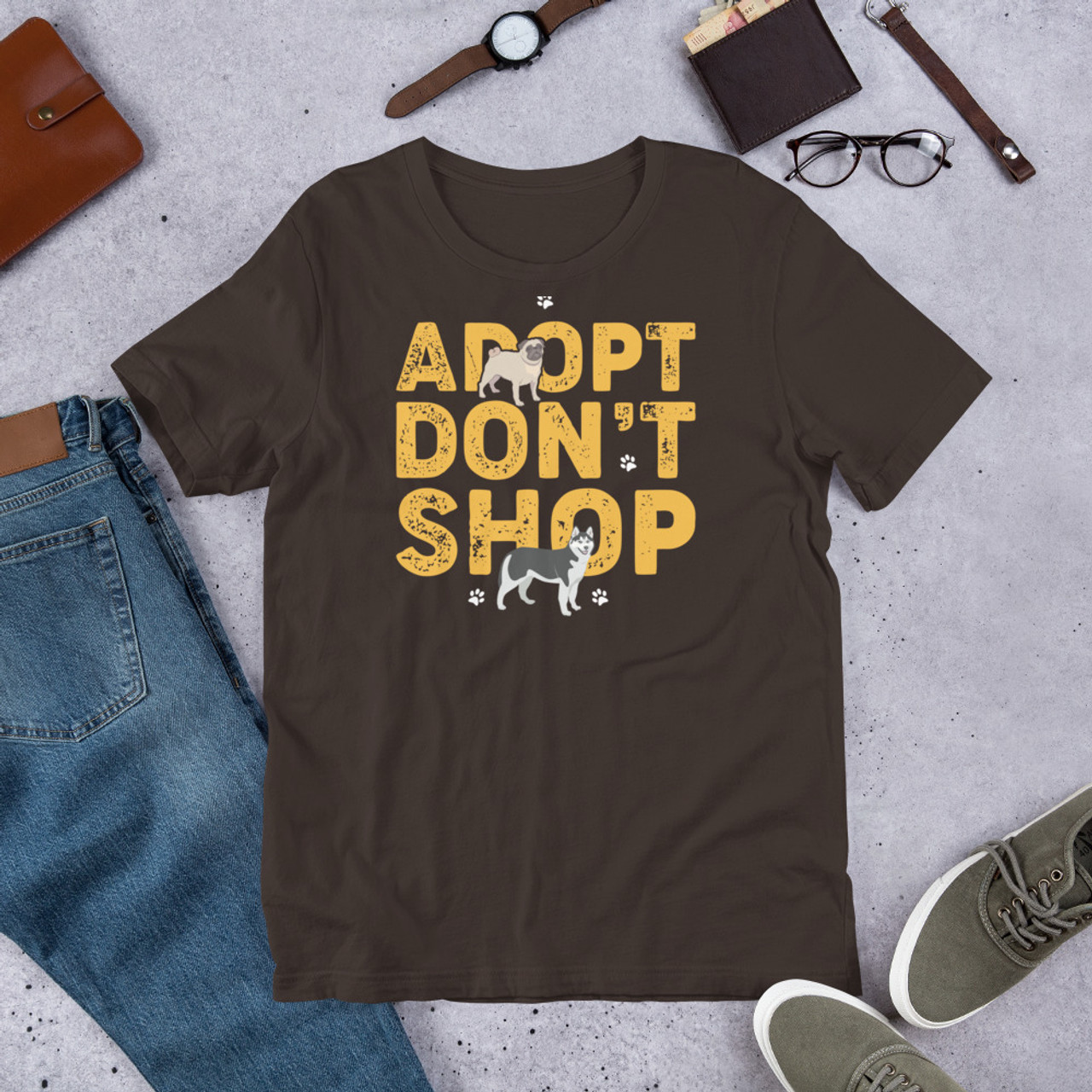 Brown T-Shirt - Bella + Canvas 3001 Adopt Don't Shop
