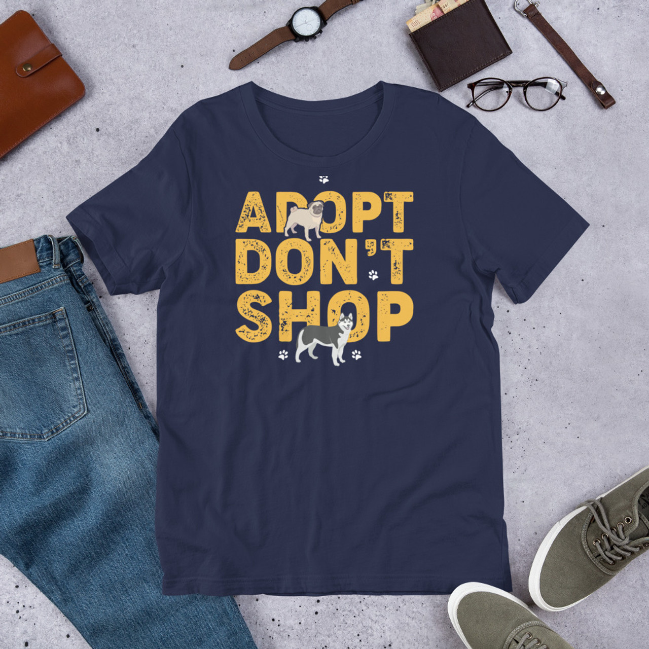 Navy T-Shirt - Bella + Canvas 3001 Adopt Don't Shop