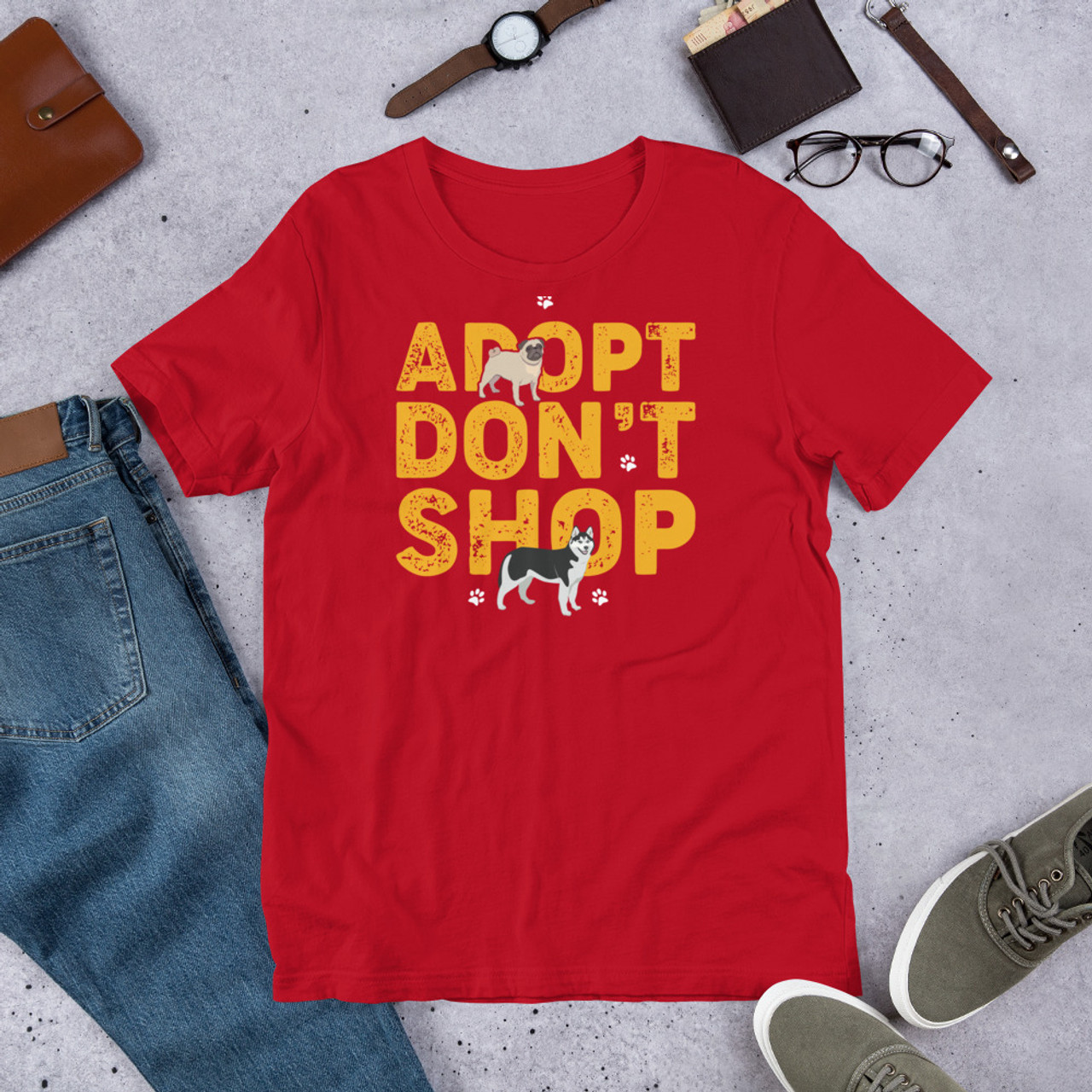 Red T-Shirt - Bella + Canvas 3001 Adopt Don't Shop