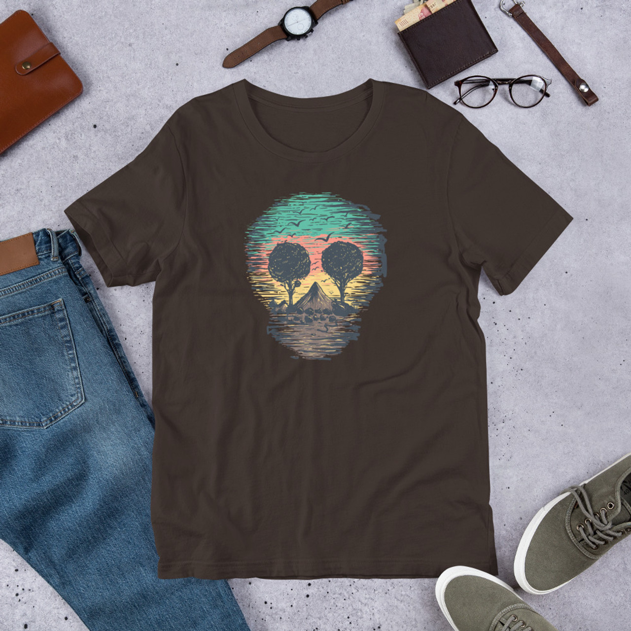 Brown T-Shirt - Bella + Canvas 3001 Skull Nature