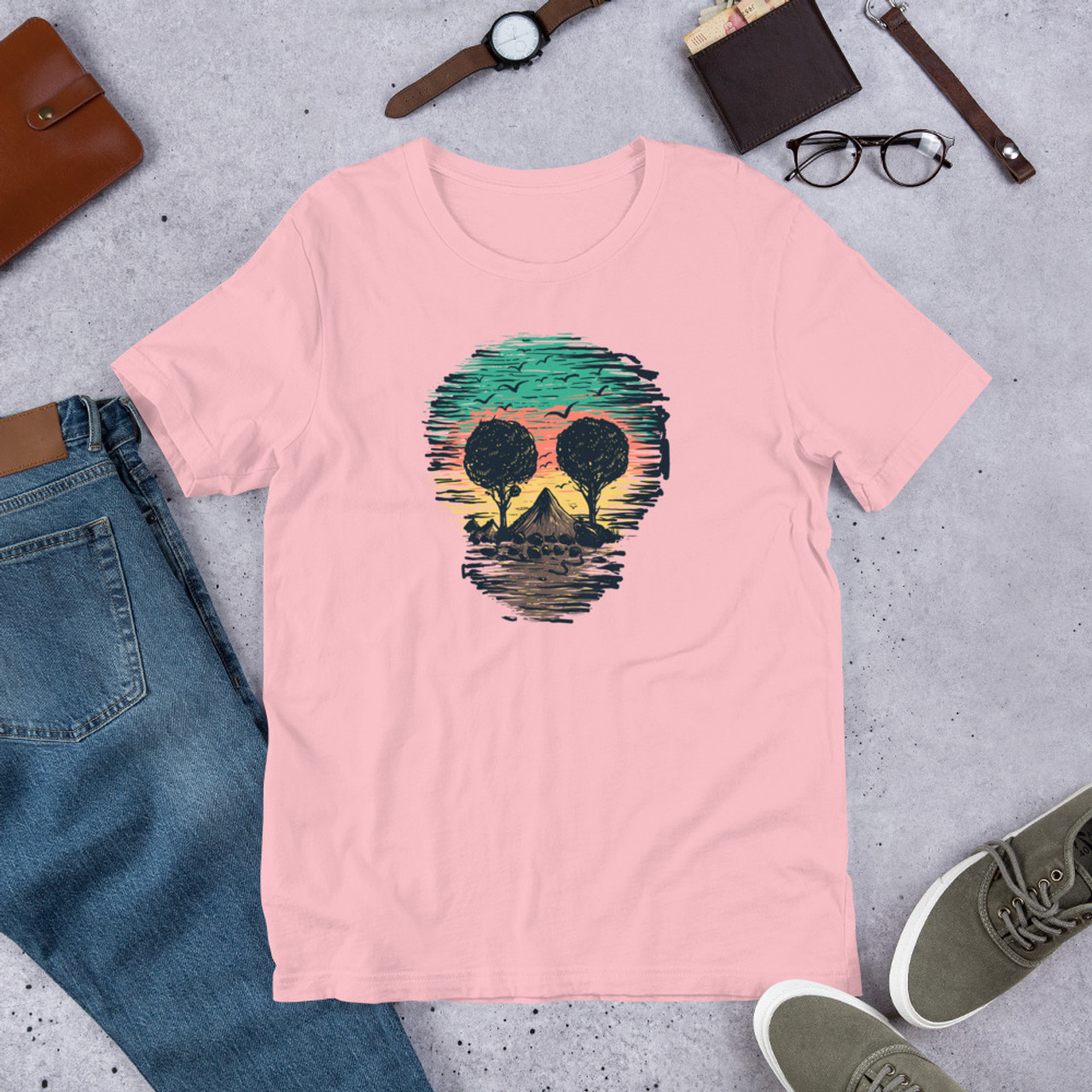 Pink T-Shirt - Bella + Canvas 3001 Skull Nature