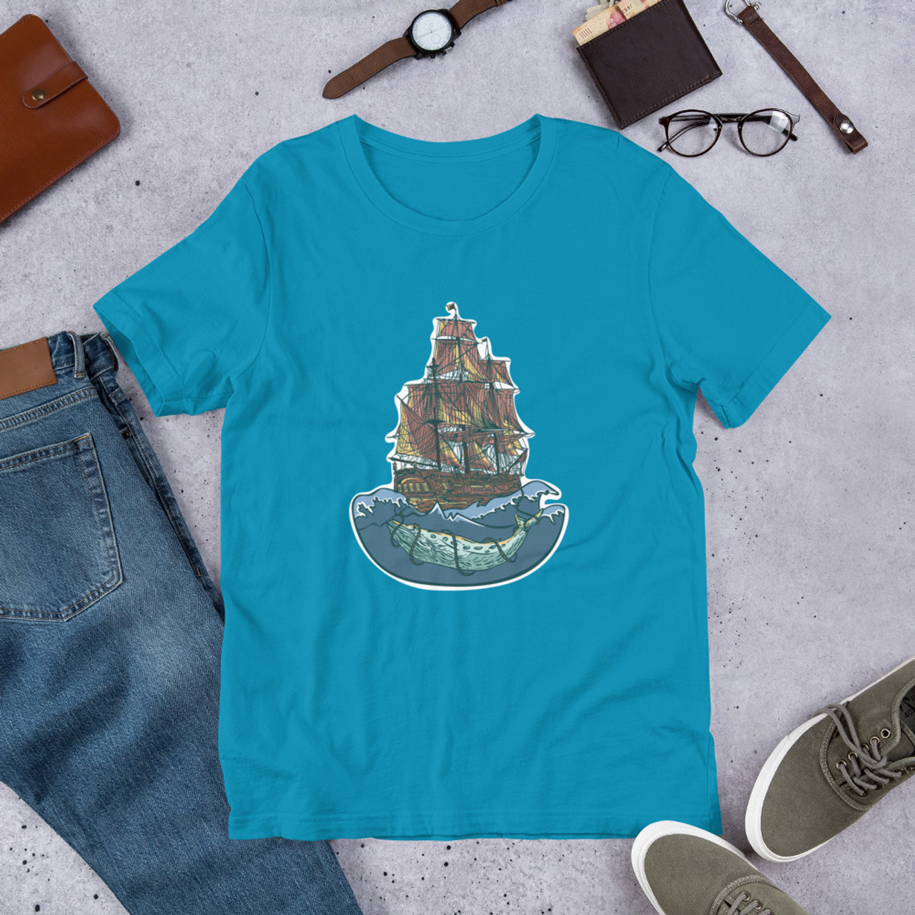 Aqua T-Shirt - Bella + Canvas 3001 Whale of a Ship