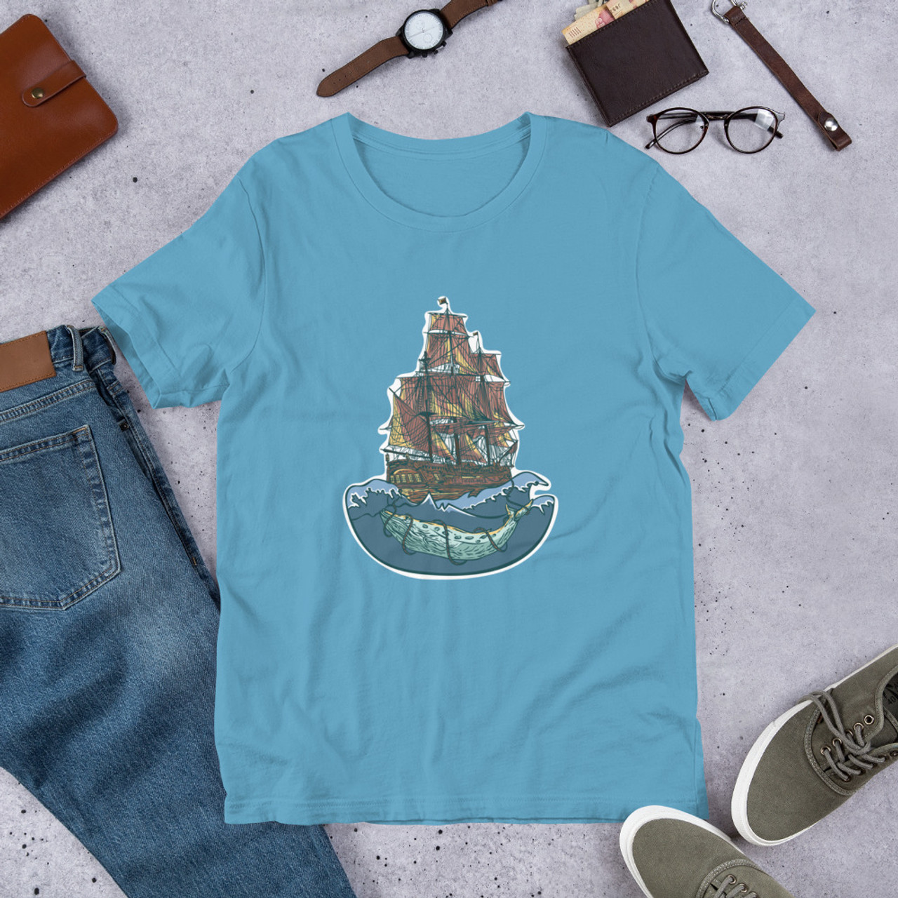 Ocean Blue T-Shirt - Bella + Canvas 3001 Whale of a Ship