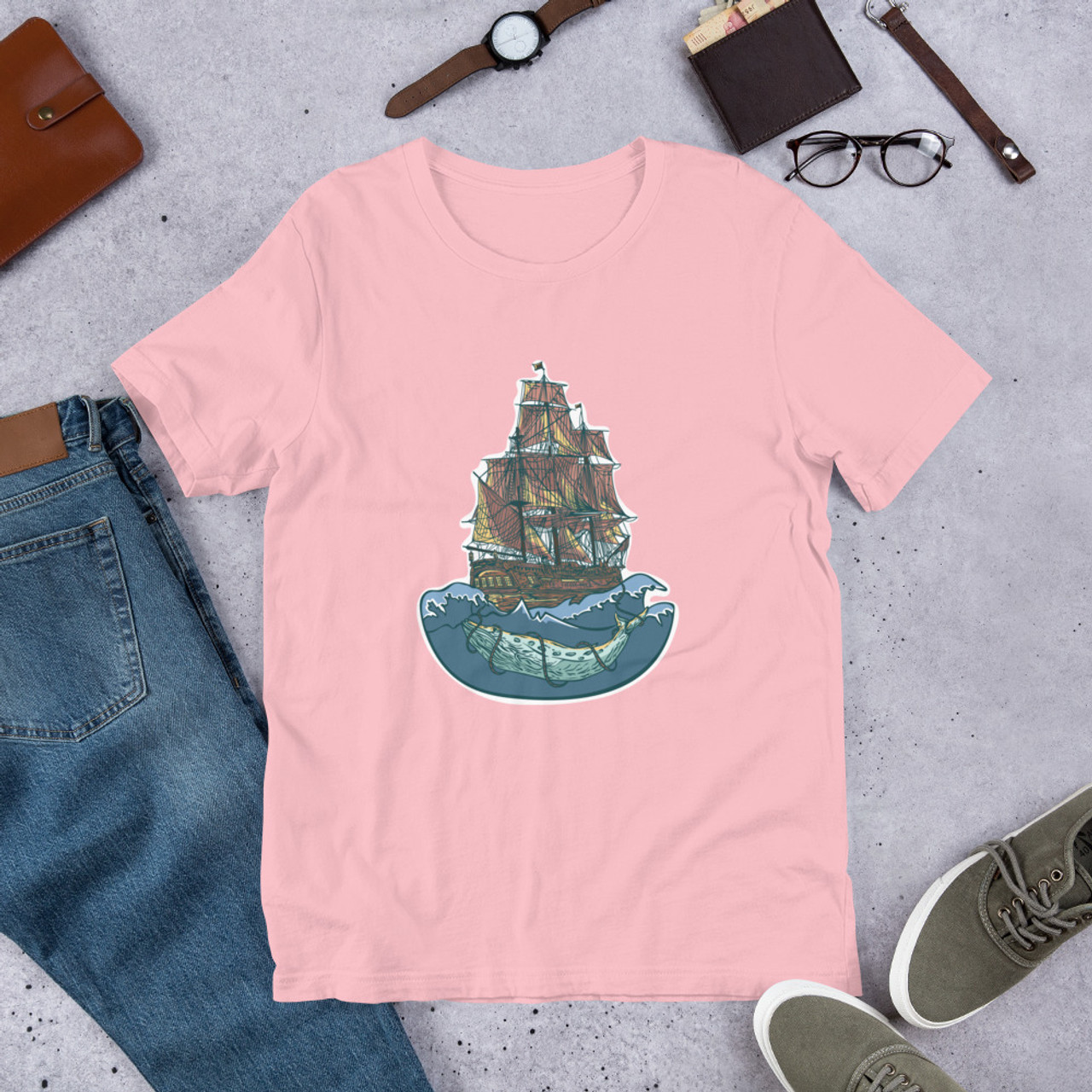 Pink T-Shirt - Bella + Canvas 3001 Whale of a Ship