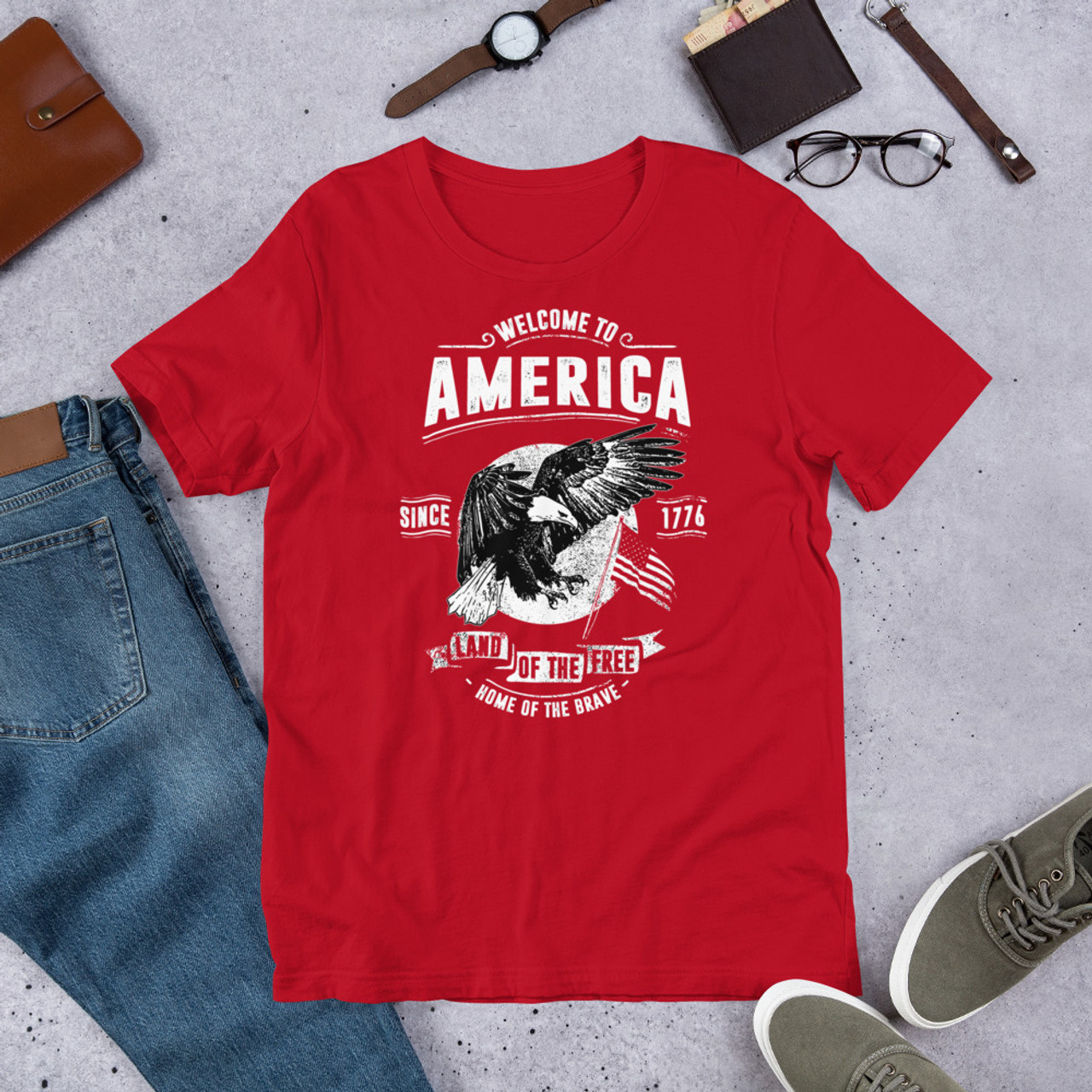Red T-Shirt - Bella + Canvas 3001 Welcome to America