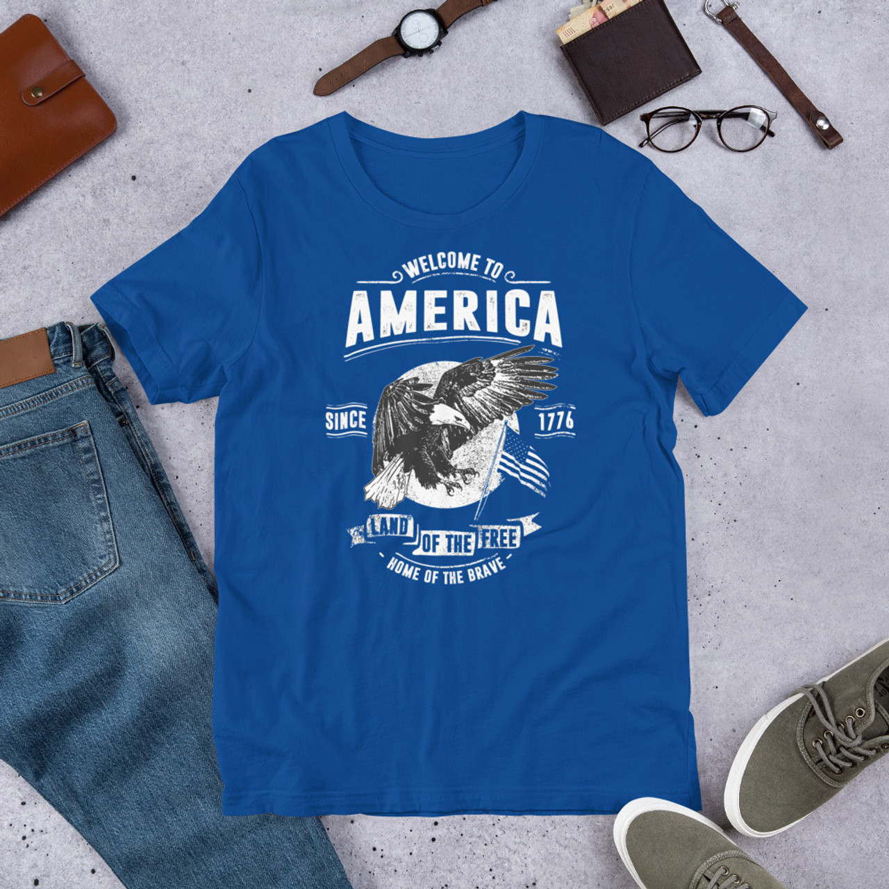 True Royal T-Shirt - Bella + Canvas 3001 Welcome to America