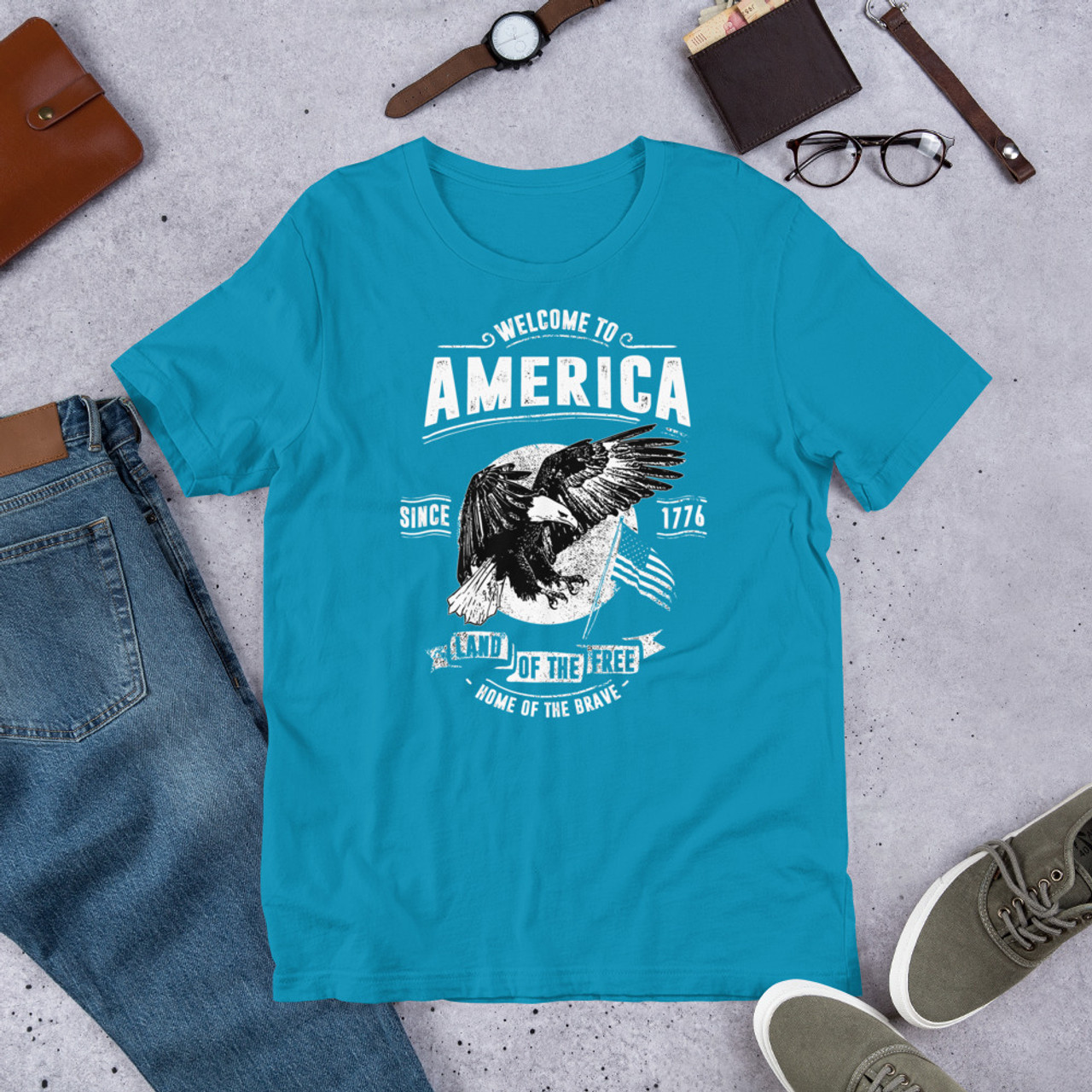 Aqua T-Shirt - Bella + Canvas 3001 Welcome to America