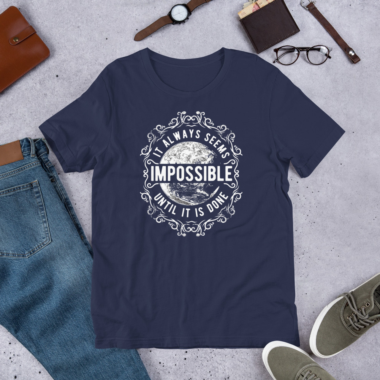 Navy T-Shirt - Bella + Canvas 3001 It Always Seems Impossible