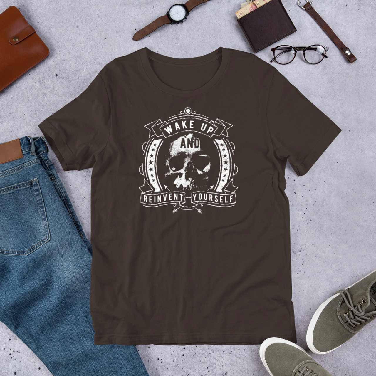 Brown T-Shirt - Bella + Canvas 3001 Wake Up and Reinvent Yourself