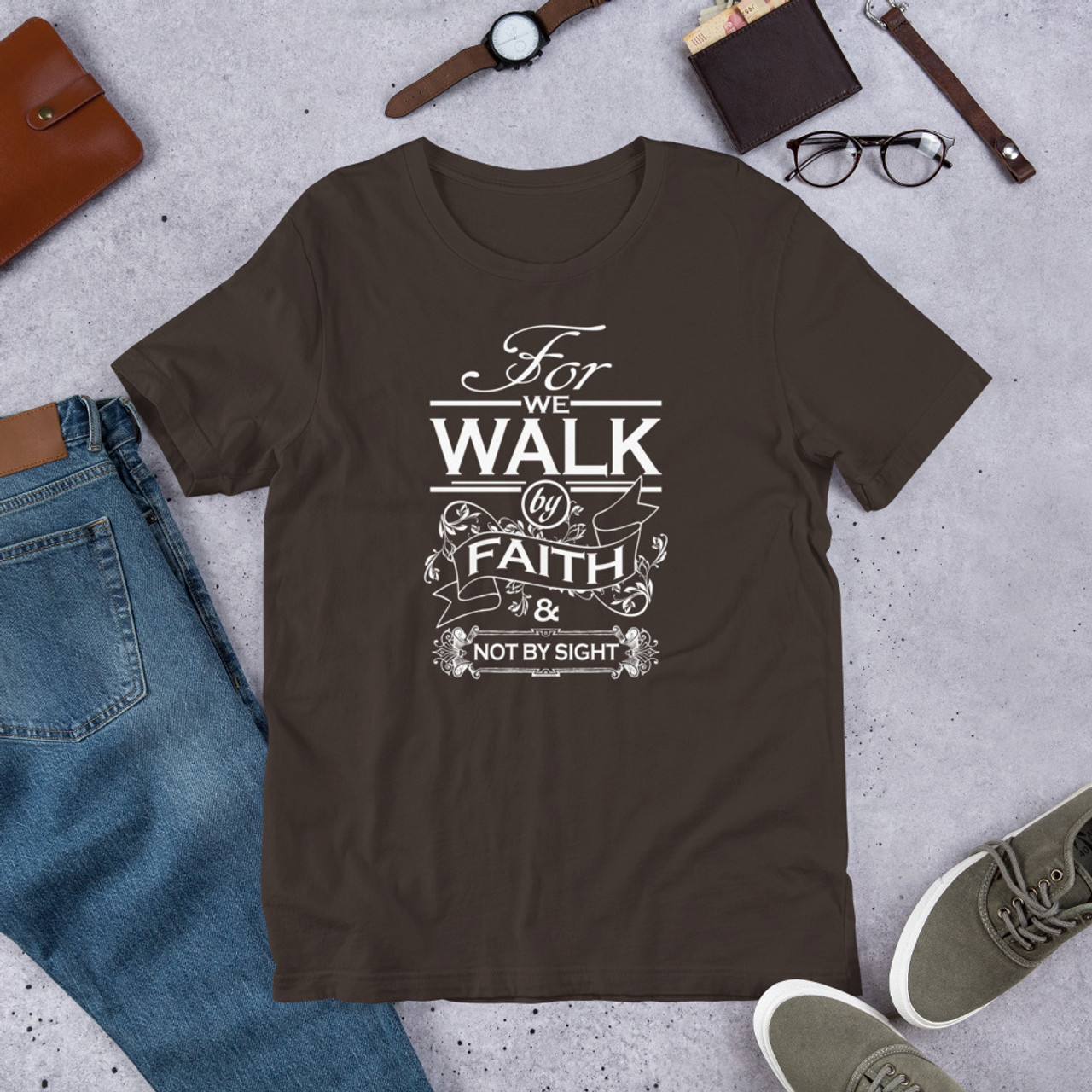 Brown T-Shirt - Bella + Canvas 3001 Walk By Faith