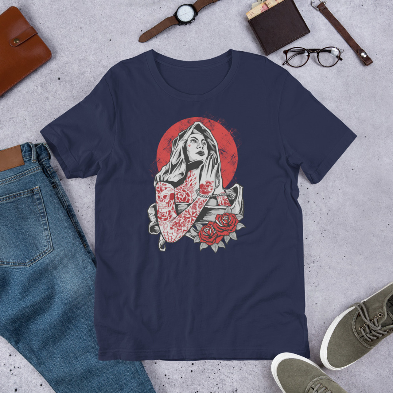 Navy T-Shirt - Bella + Canvas 3001 Virgin Mary Tattoo