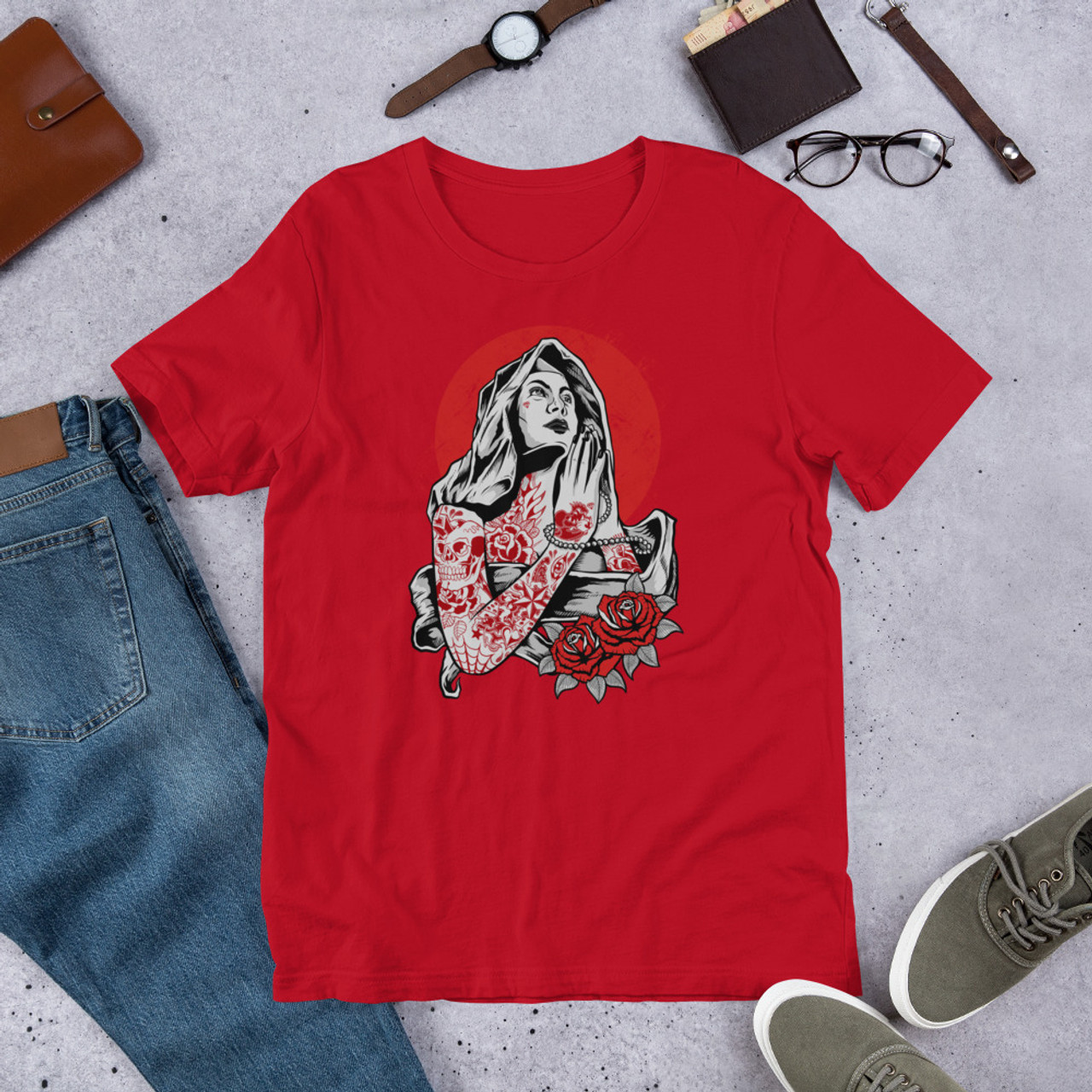 Red T-Shirt - Bella + Canvas 3001 Virgin Mary Tattoo