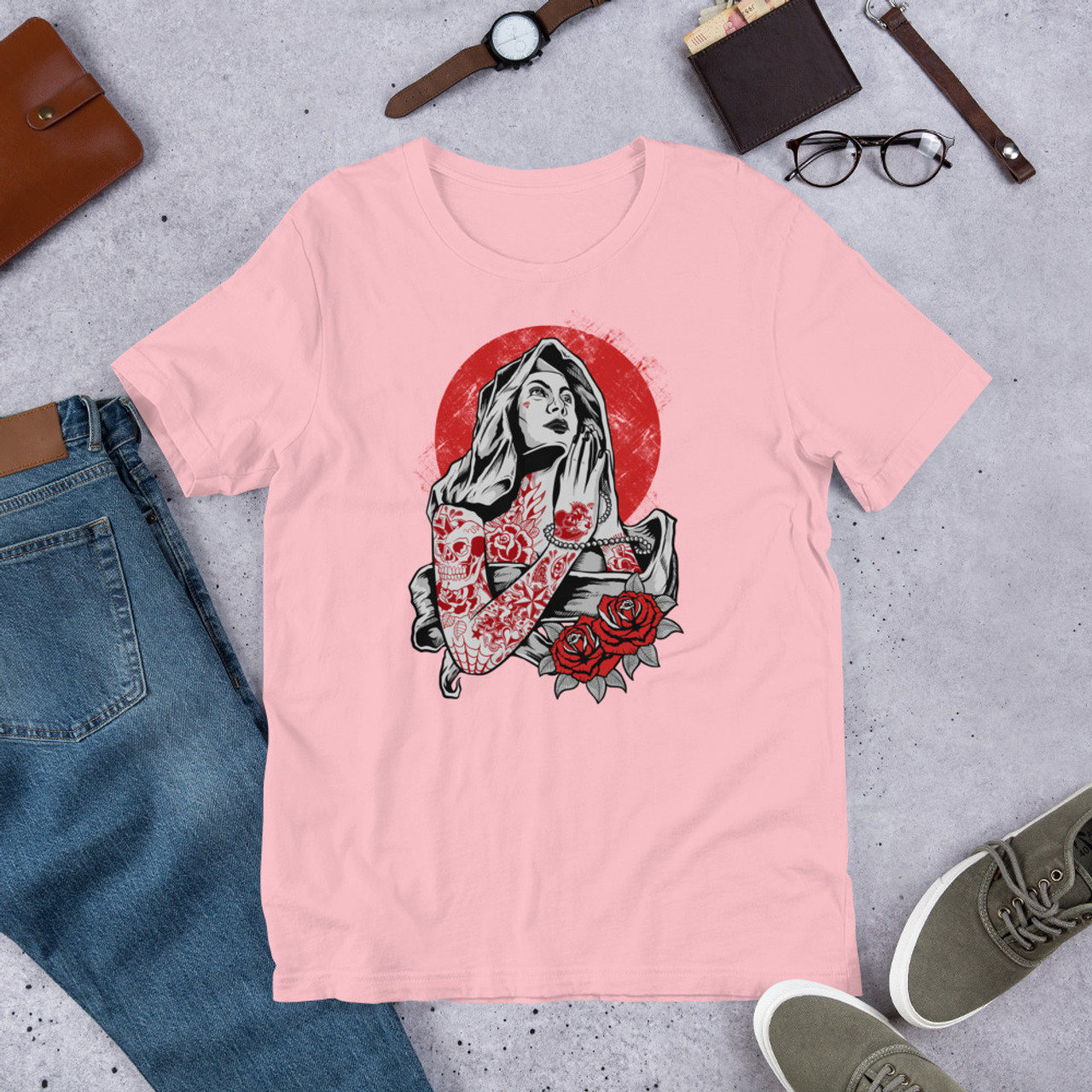 Pink T-Shirt - Bella + Canvas 3001 Virgin Mary Tattoo