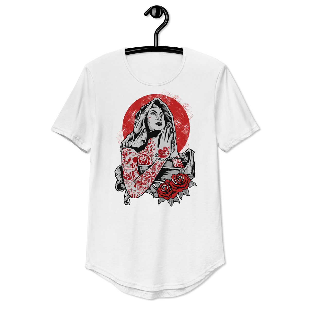 Virgin Mary Tattoo Curved Hem Tee - Bella + Canvas 3003 