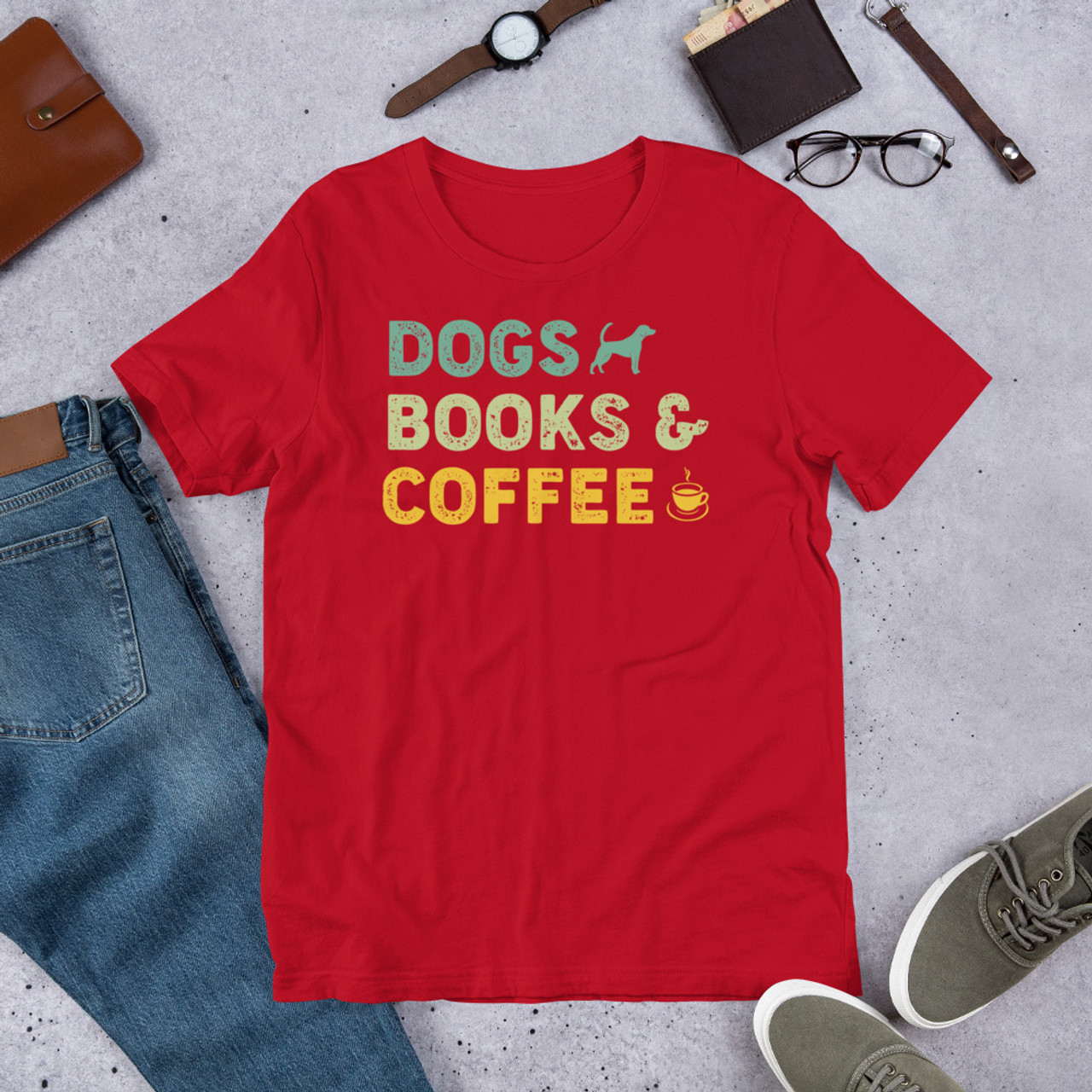 Red T-Shirt - Bella + Canvas 3001 Dogs Books & Coffee