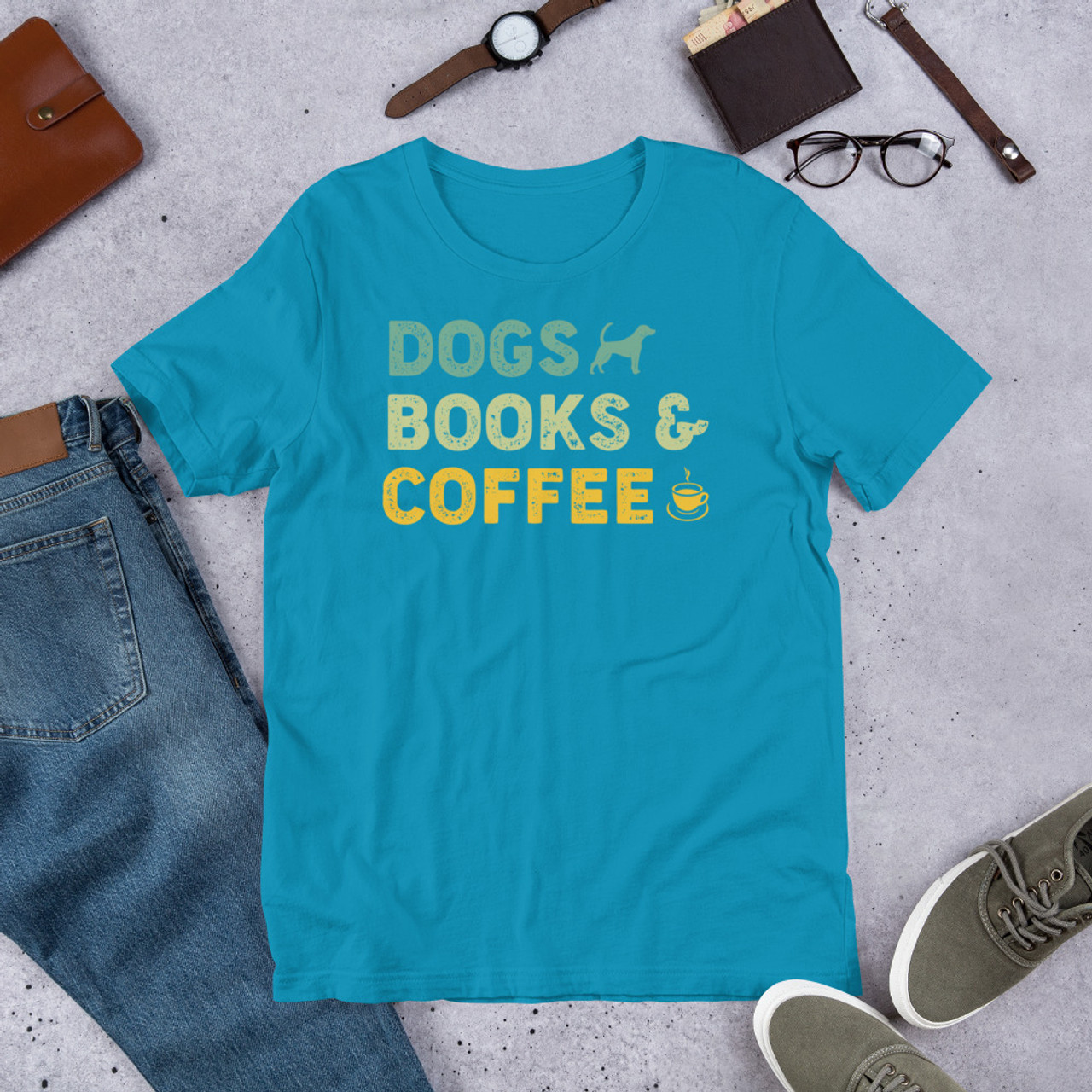 Aqua T-Shirt - Bella + Canvas 3001 Dogs Books & Coffee