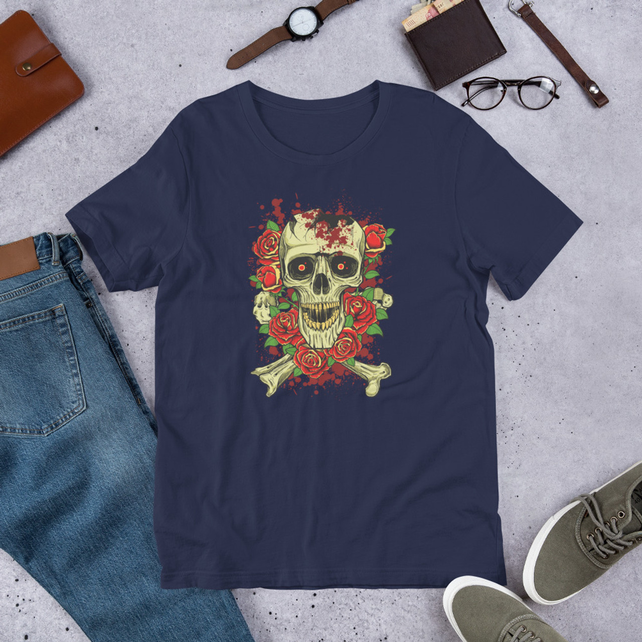 Navy T-Shirt - Bella + Canvas 3001 Broken Skull