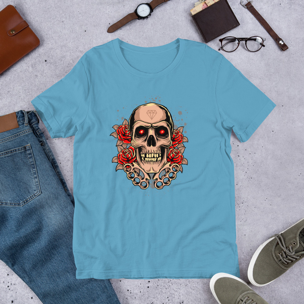 Ocean Blue T-Shirt - Bella + Canvas 3001 Knuckles Skull