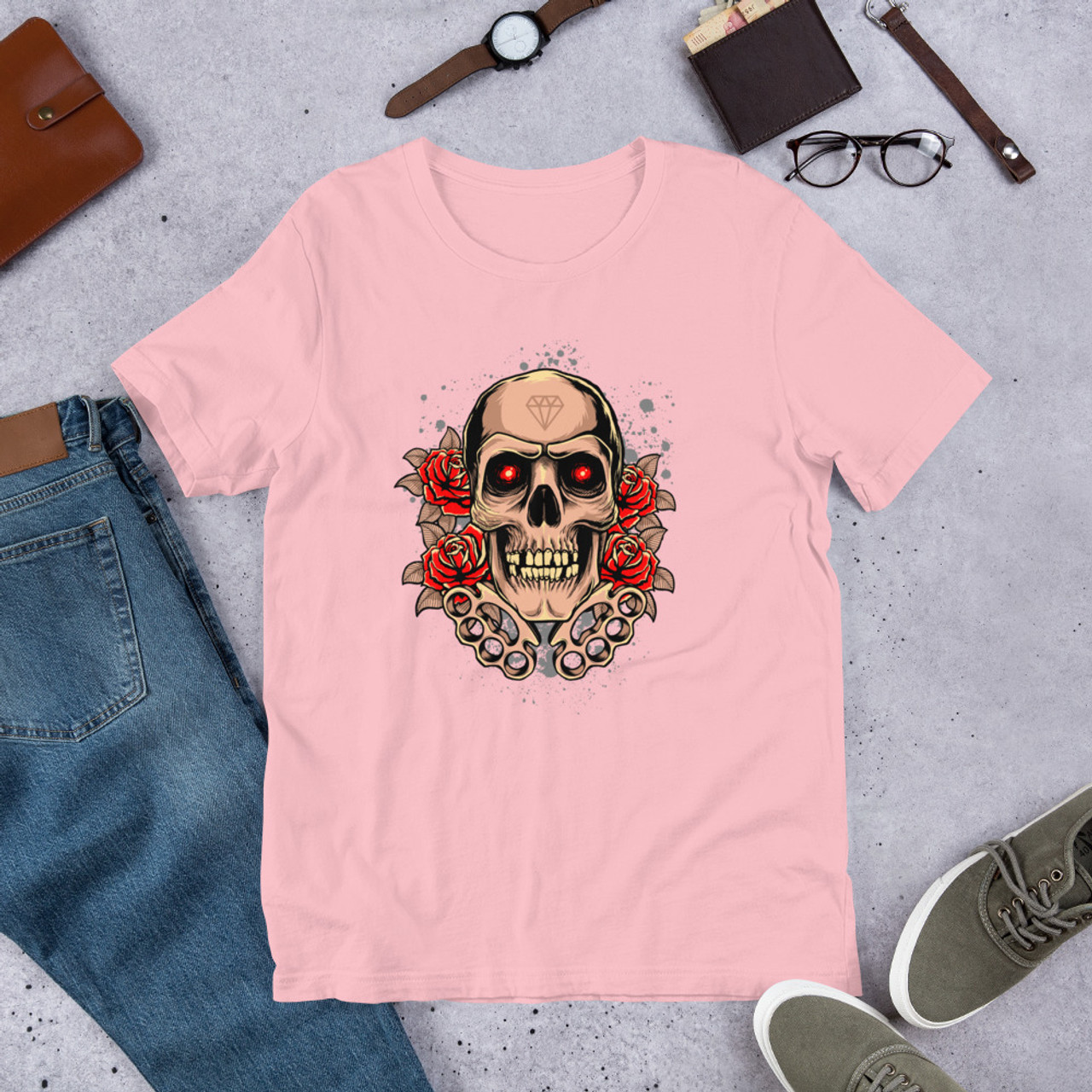 Pink T-Shirt - Bella + Canvas 3001 Knuckles Skull