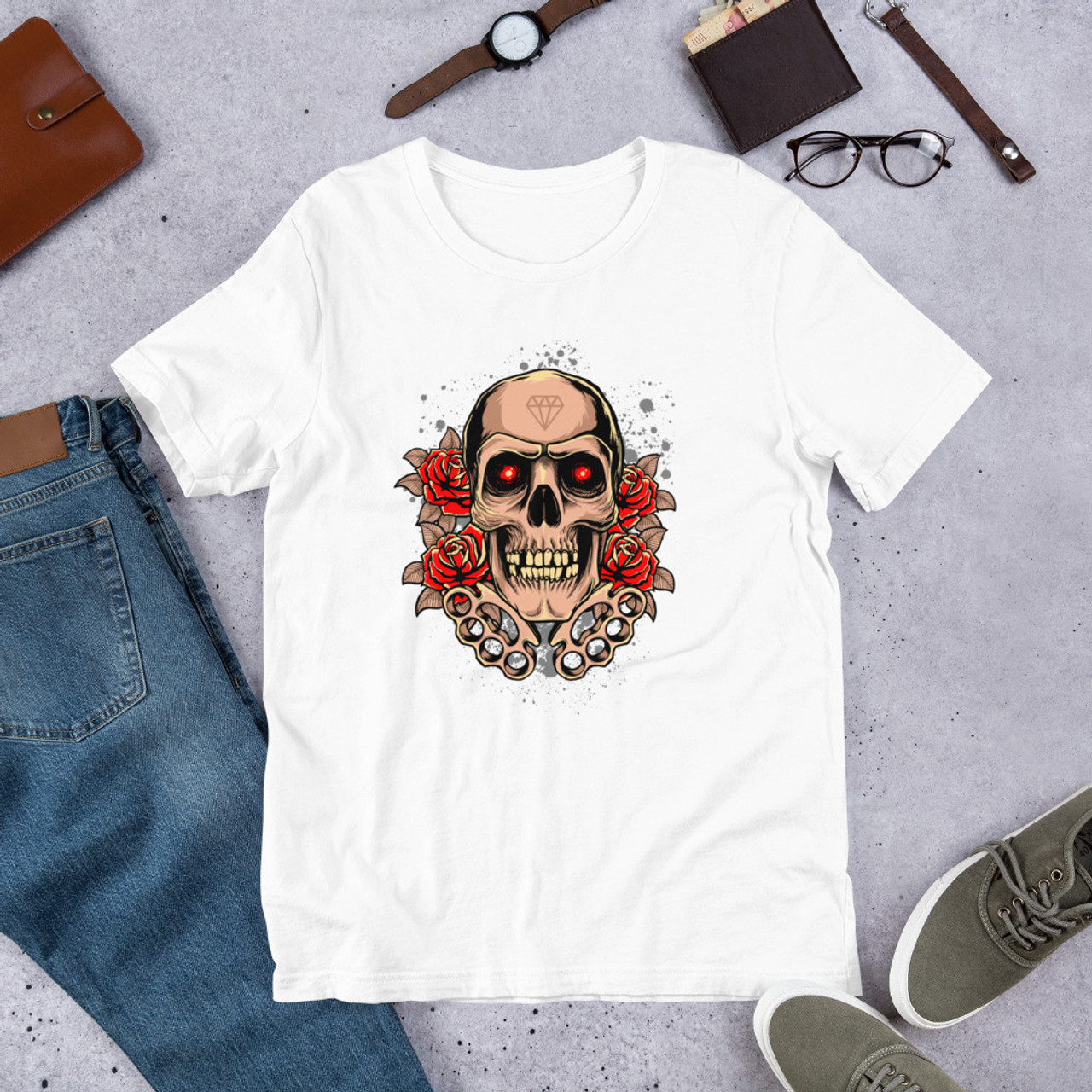 White T-Shirt - Bella + Canvas 3001 Knuckles Skull