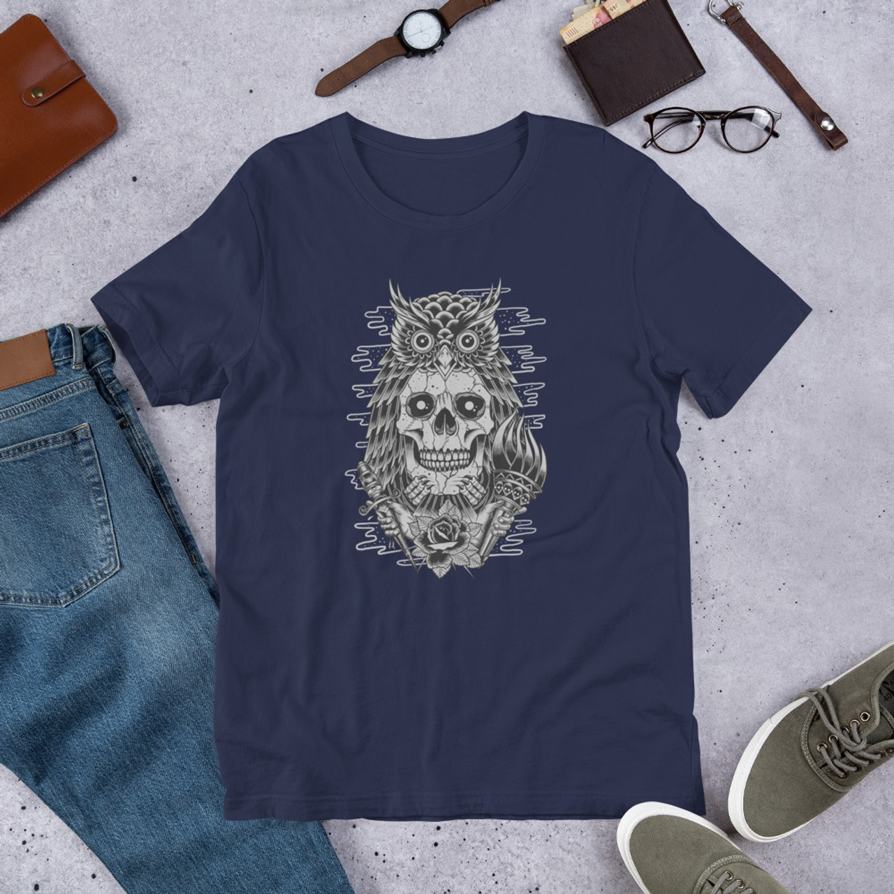 Navy T-Shirt - Bella + Canvas 3001 Owl Skull