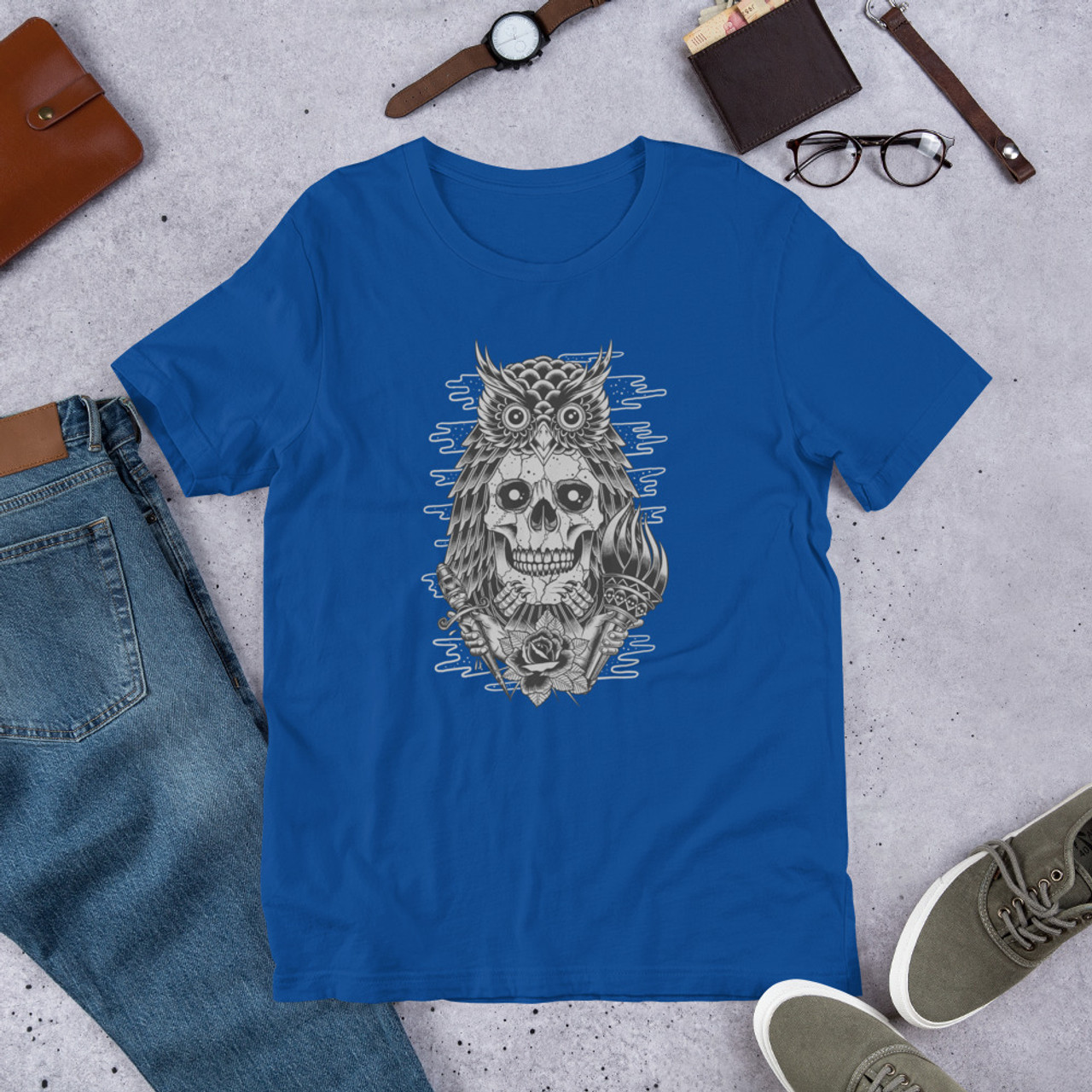 True Royal T-Shirt - Bella + Canvas 3001 Owl Skull