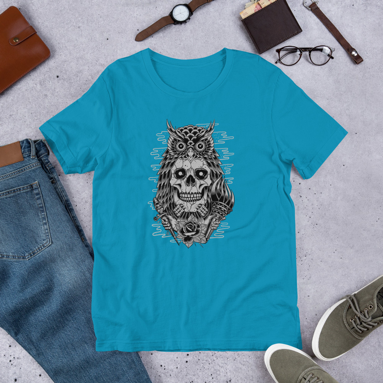 Aqua T-Shirt - Bella + Canvas 3001 Owl Skull