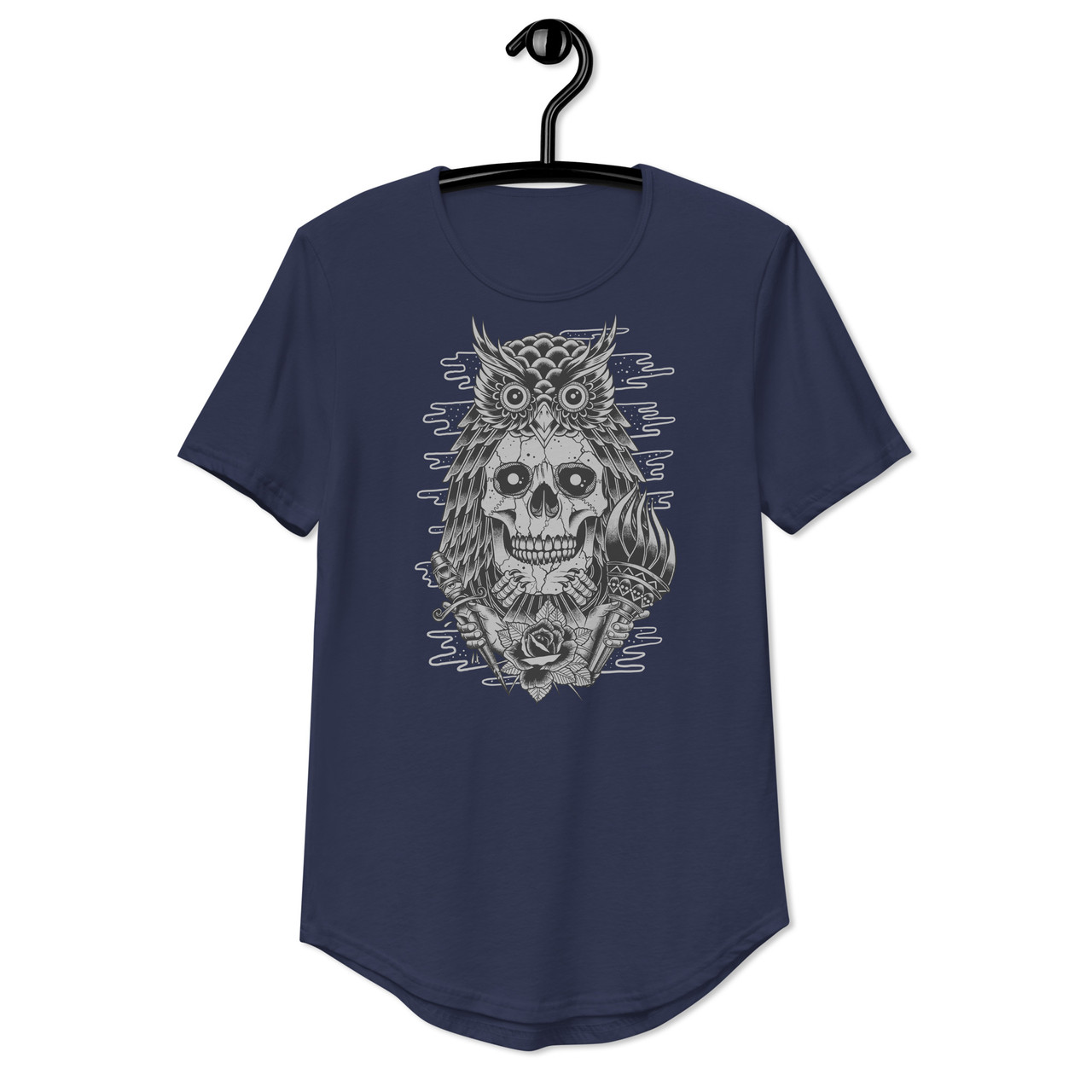 Owl Skull Curved Hem Tee - Bella + Canvas 3003 