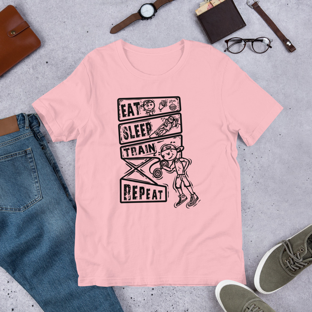 Pink T-Shirt - Bella + Canvas 3001 Eat Sleep Train