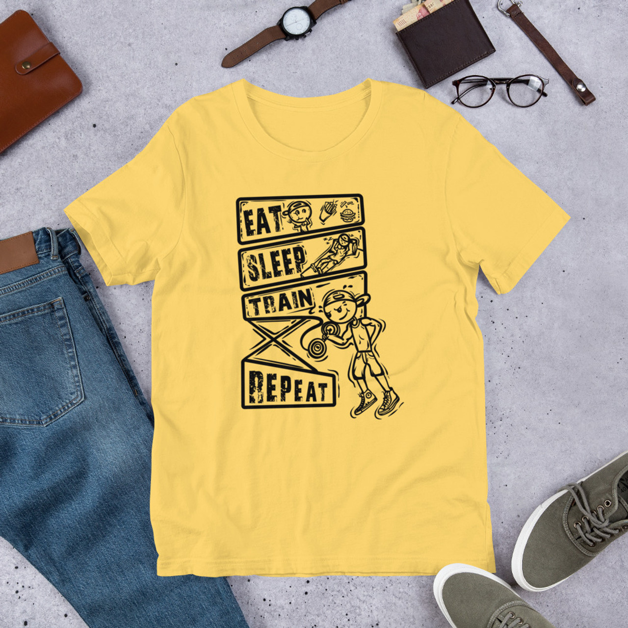 Yellow T-Shirt - Bella + Canvas 3001 Eat Sleep Train